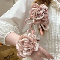 HA255 - Korean Pink Velvet Rose Bow Hair Tie
